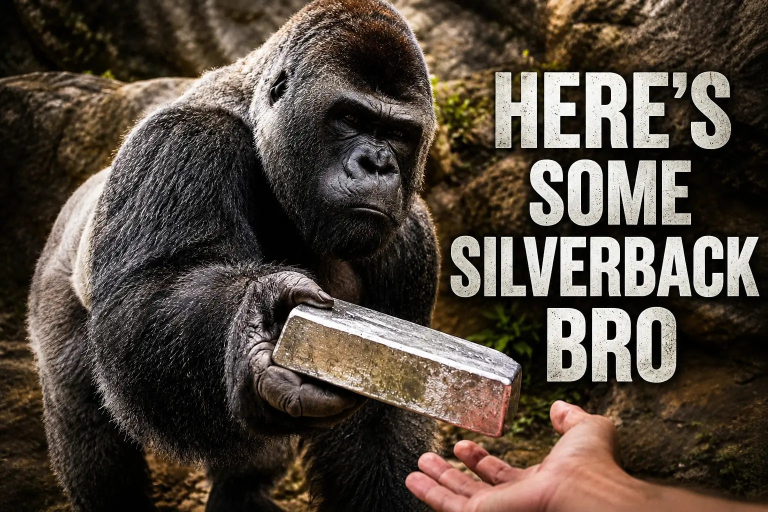 Silverback gorilla handing over a silver bar