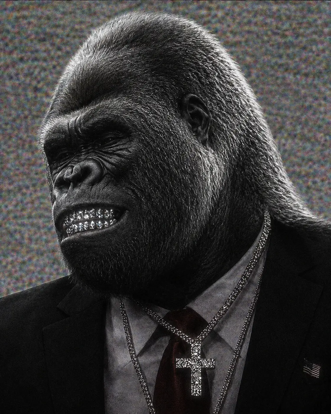 Blinged-out silverback gorilla in a suit