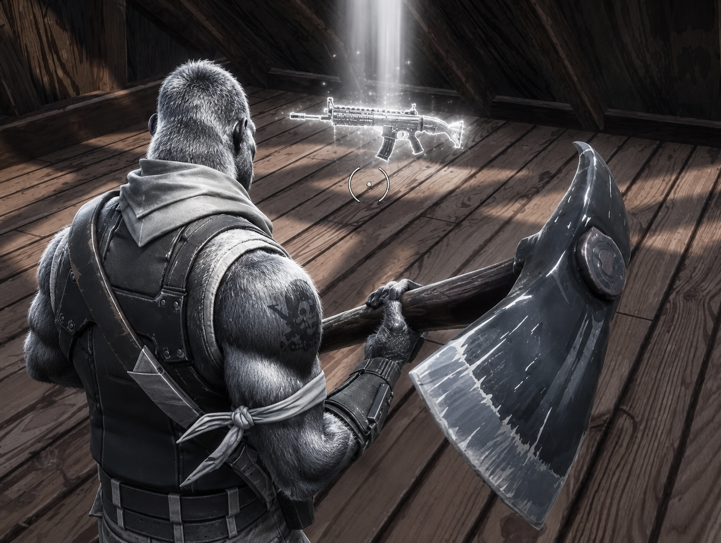 Silverback warrior gorilla holding an axe